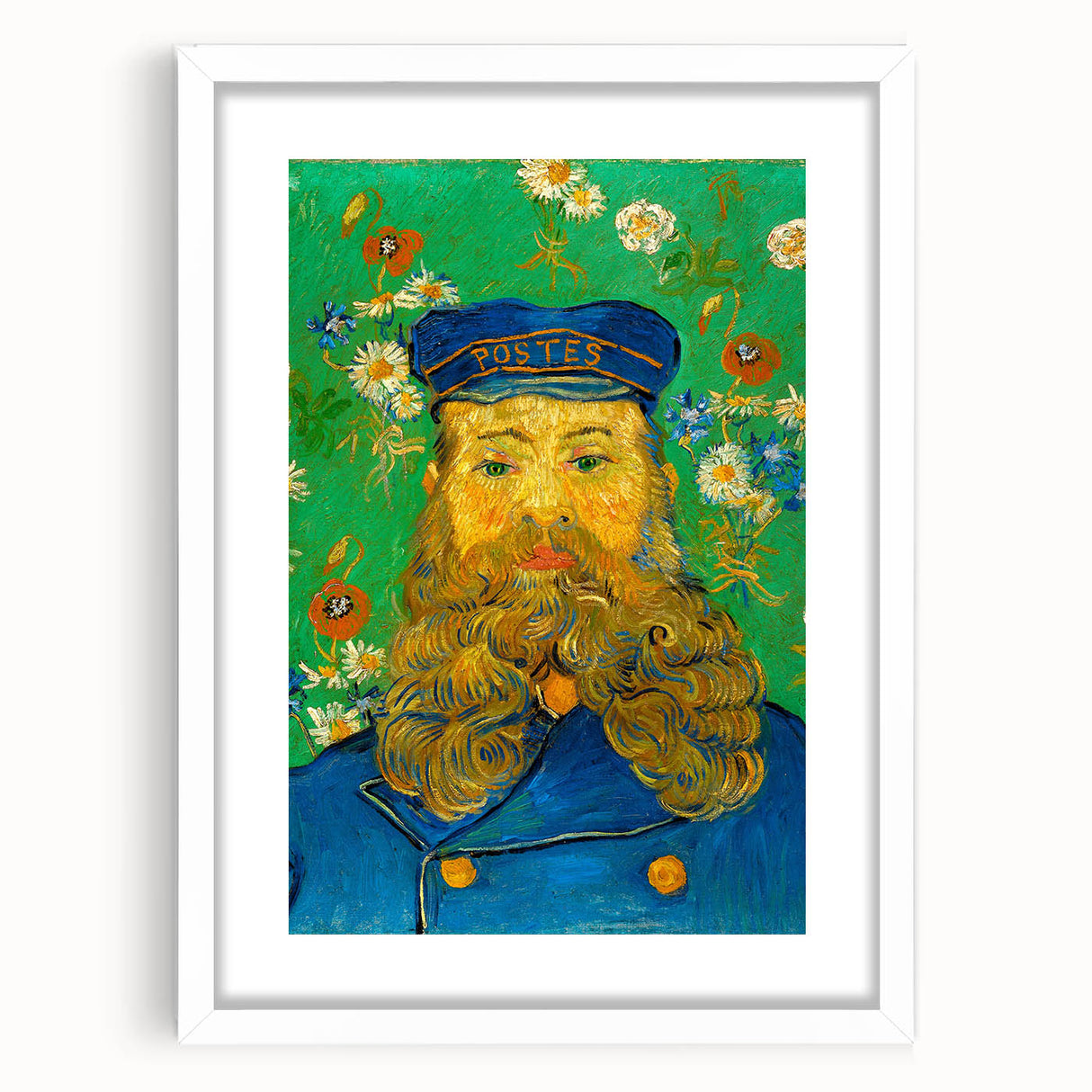 Textured abstract art print in muted blues and greens on a white framed canvas, suitable for bedroom art.