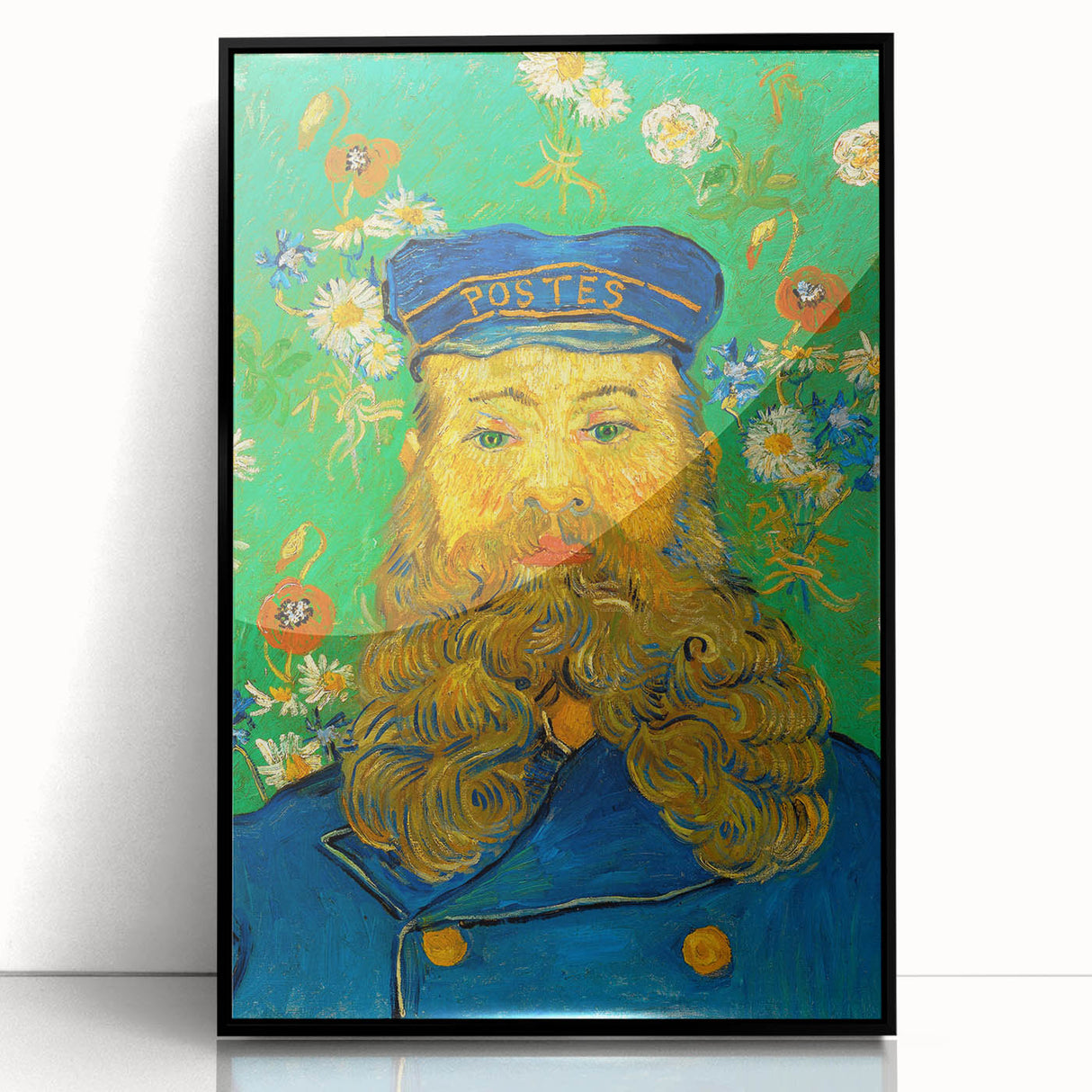 Large abstract wall art, featuring swirling blue and yellow tones on a framed acrylic, ideal for modern art wall decor.