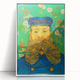 Mid-century modernist art depicting a starry night in vibrant blue and yellow tones on a white framed acrylic print.