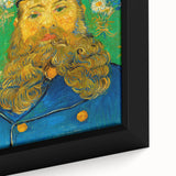 Close-up of a framed canvas featuring a textured, colorful interpretation of Van Gogh's style in black.