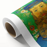 Art Deco style poster of a starry night scene on a rolled canvas, using deep blue and gold tones, ideal for nursery wall art.