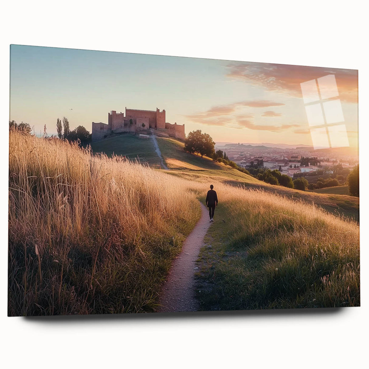 Acrylic glass landscape artwork depicting a majestic castle surrounded by lush greenery, showcased from a side view, highlighting vibrant colors and intricate details.