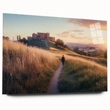 Acrylic glass landscape artwork depicting a majestic castle surrounded by lush greenery, showcased from a side view, highlighting vibrant colors and intricate details.