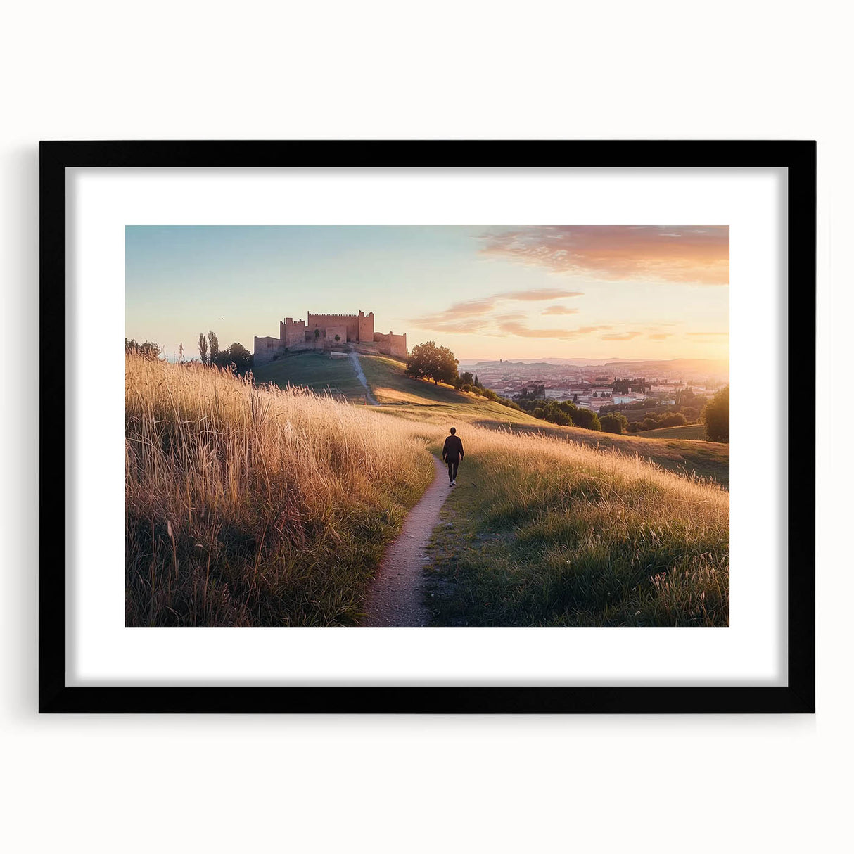 Elegant black-framed landscape artwork showcasing a majestic castle surrounded by lush greenery, complete with a decorative mat for added depth. Perfect for enhancing home decor with a touch of sophistication.