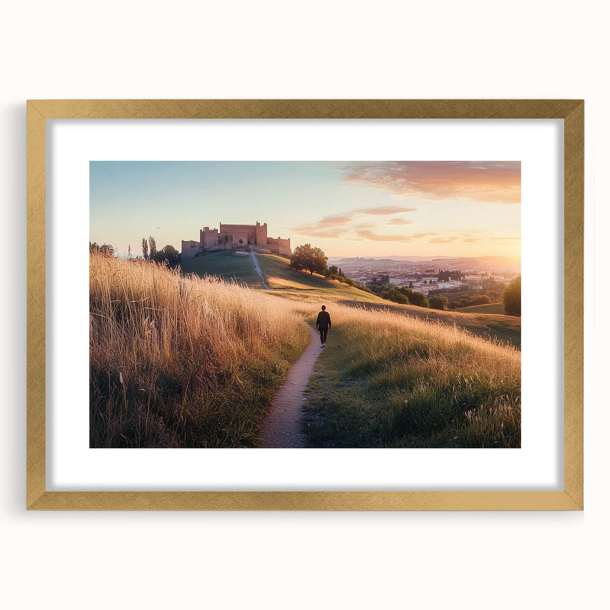 Elegant gold-framed landscape artwork showcasing a majestic castle surrounded by lush greenery, highlighted by a white mat for added depth and sophistication.