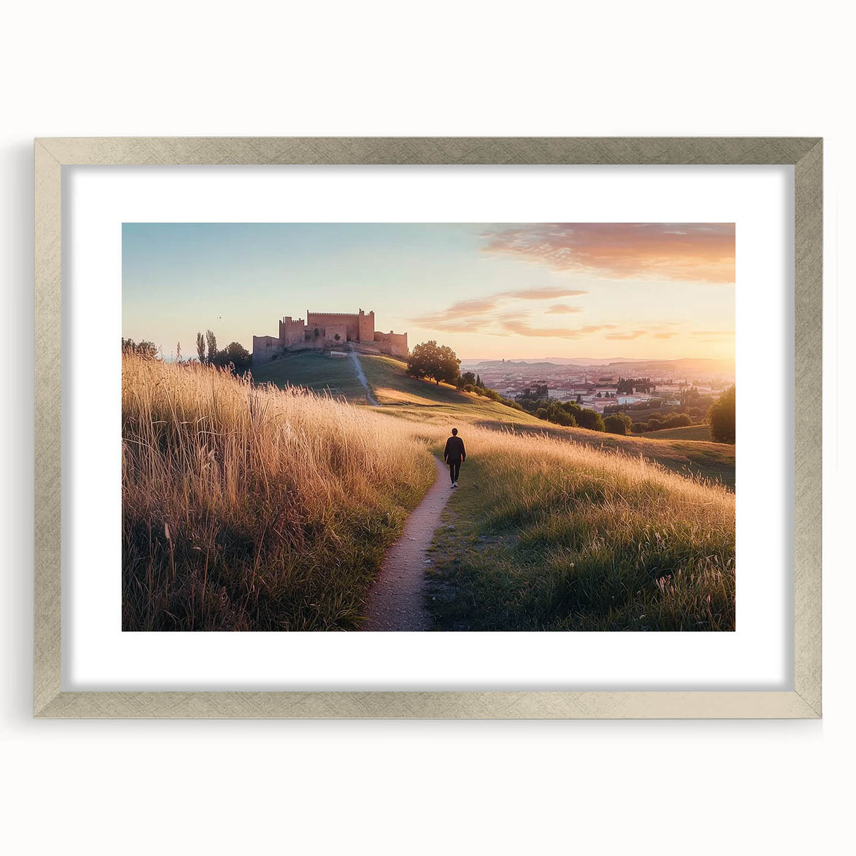Framed landscape artwork depicting a majestic castle surrounded by lush greenery, featuring a sleek silver mat and elegant design ideal for home decor.