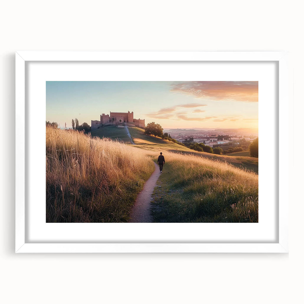 Elegant white-framed landscape artwork showcasing a majestic castle surrounded by lush greenery, perfect for home decor or office spaces.