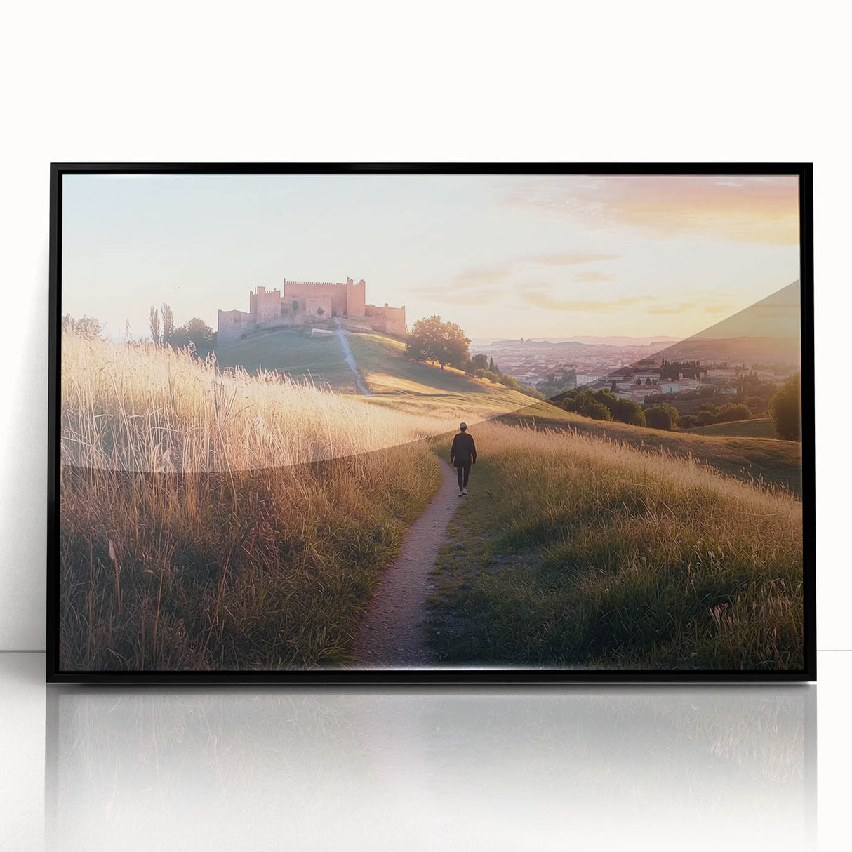 Framed acrylic wall art depicting a scenic landscape with a majestic castle, featuring vibrant colors and a sleek black frame, perfect for home decor.