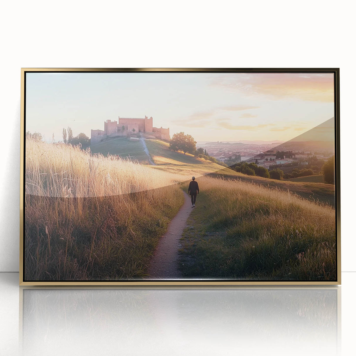 Framed acrylic artwork depicting a majestic castle landscape with gold accents, showcasing intricate details and vibrant colors, perfect for elegant home decor.
