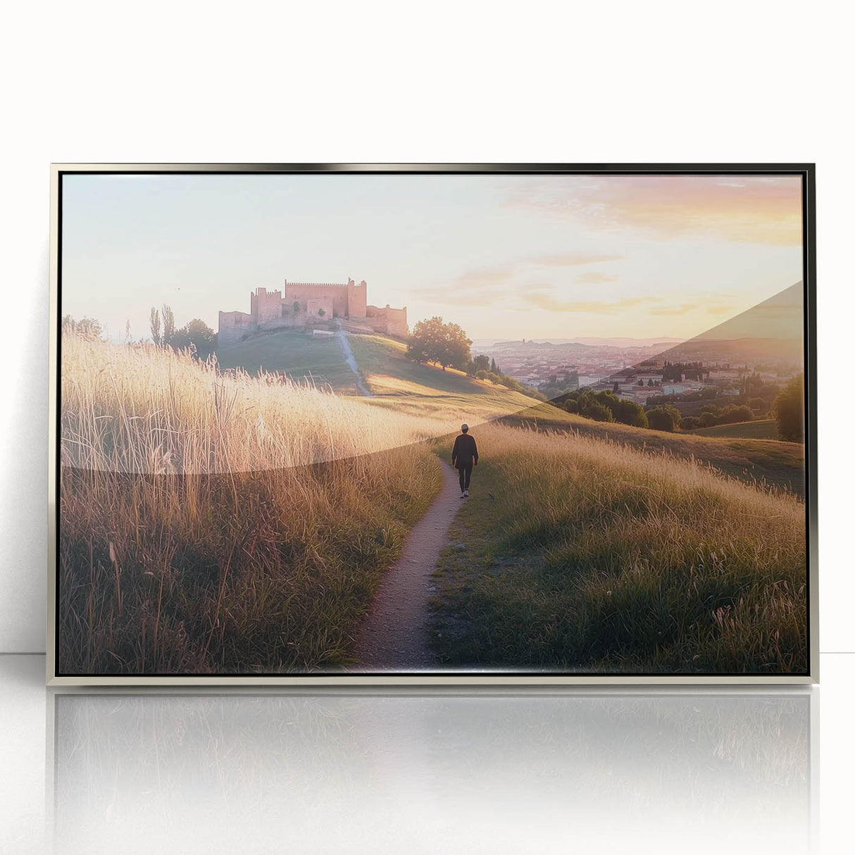 Framed acrylic artwork showcasing a stunning castle landscape design, featuring intricate details and vibrant colors, ideal for home decor or art collectors.