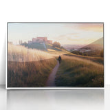 Framed acrylic artwork showcasing a picturesque landscape with a castle, set against a serene sky; features a sleek white frame that enhances its elegance.