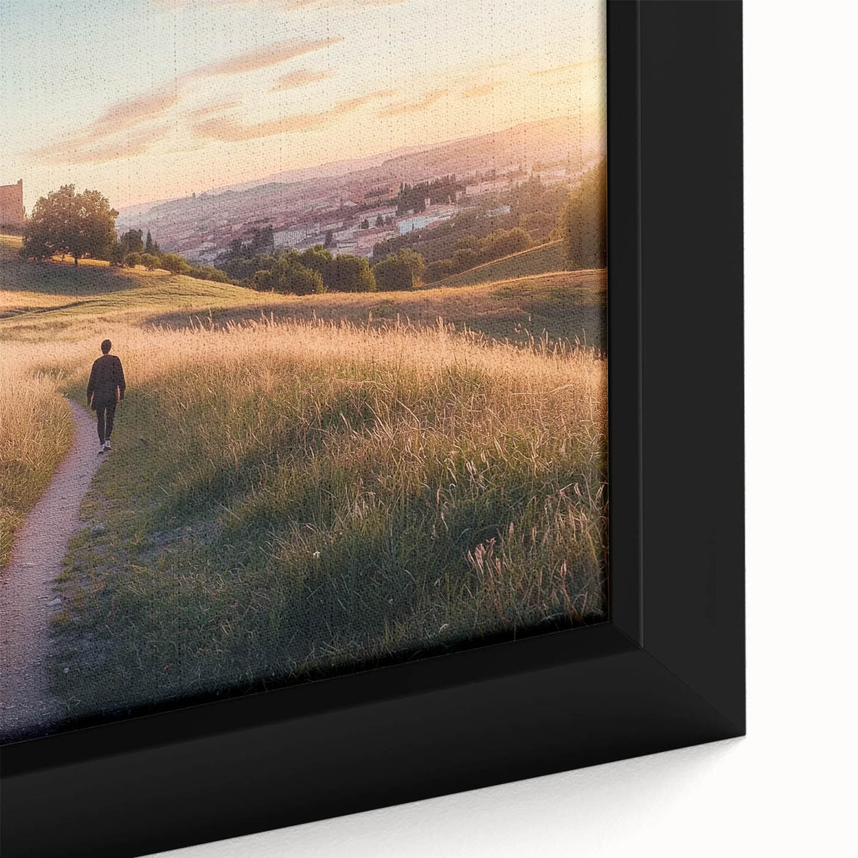 Close-up of a framed canvas artwork depicting a serene landscape with a majestic castle, featuring vibrant colors and intricate details, perfect for home decor.