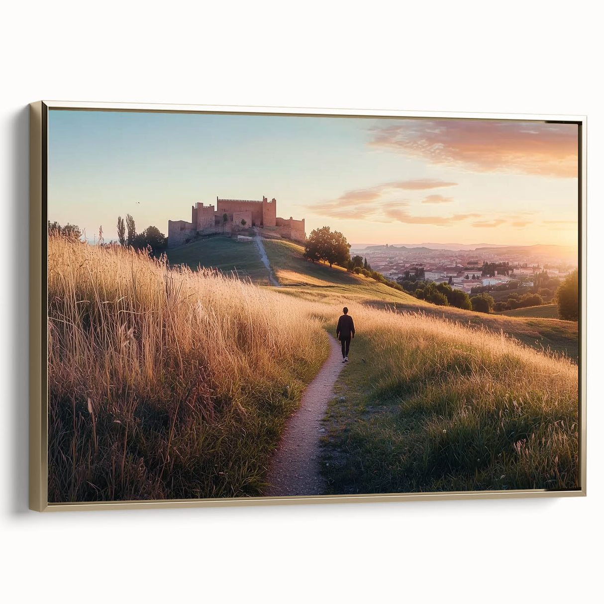 Framed canvas artwork showcasing a stunning landscape with a majestic castle, highlighted by a gold frame and side view, perfect for home decor.