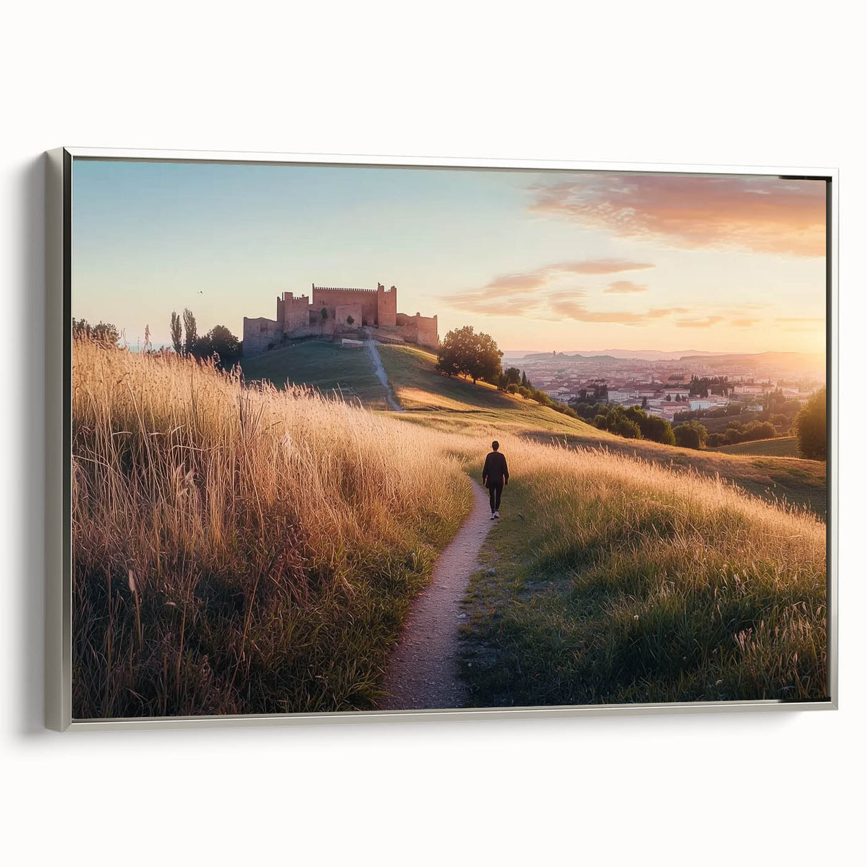 Framed canvas artwork depicting a serene landscape with a majestic castle, showcased from a side view, featuring ornate silver framing that enhances its elegance. Perfect for home decor enthusiasts seeking to elevate their interior design with classic charm.