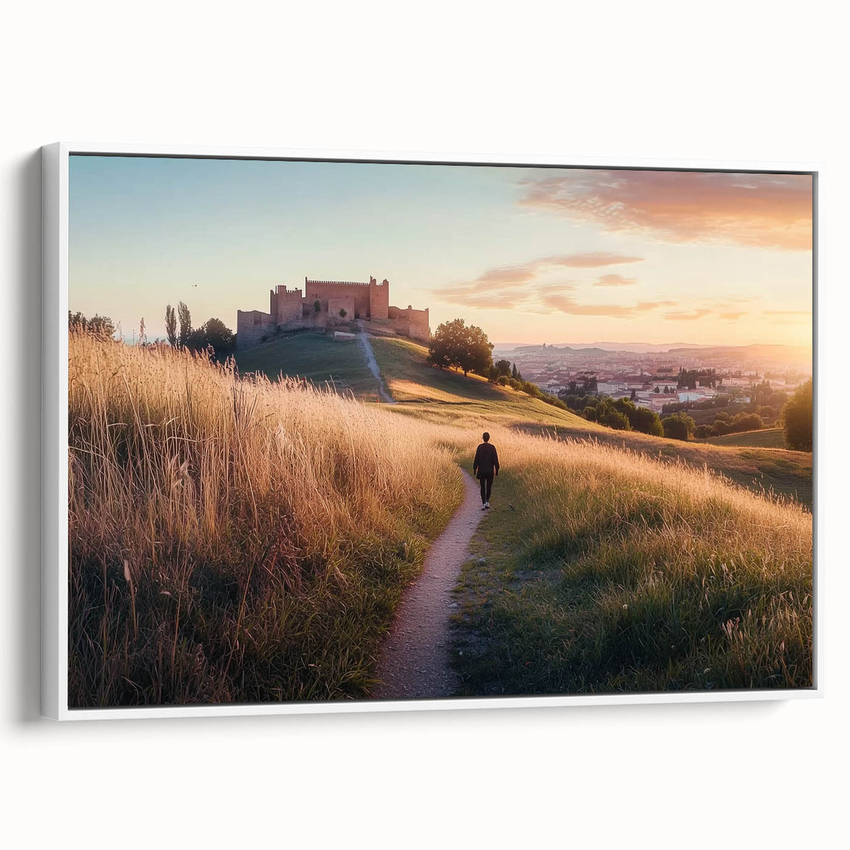 Framed canvas artwork showcasing a stunning landscape with a majestic castle set against a serene sky, accented by a white frame that enhances its elegance. Ideal for home decor, this piece adds a touch of sophistication to any space.