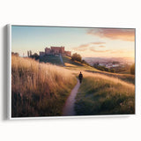 Framed canvas artwork showcasing a stunning landscape with a majestic castle set against a serene sky, accented by a white frame that enhances its elegance. Ideal for home decor, this piece adds a touch of sophistication to any space.