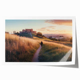 Rolled print showcasing a stunning landscape with a majestic castle nestled among rolling hills, featuring vibrant colors and intricate details, perfect for home decor.