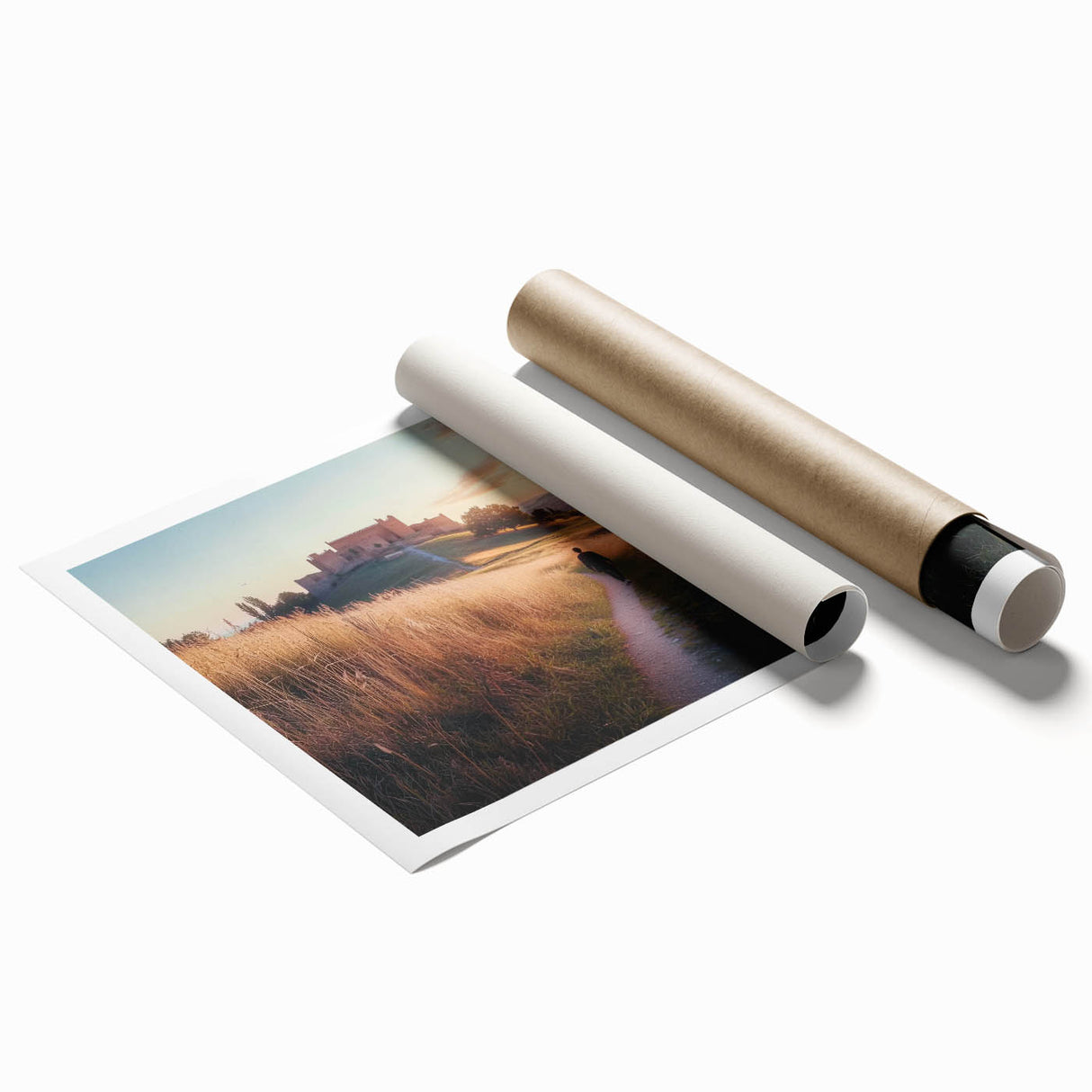 Stunning rolled print of a picturesque landscape featuring a majestic castle surrounded by lush greenery and a serene sky, ideal for home decor.