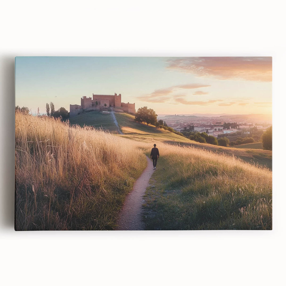 Stretched canvas artwork depicting a picturesque landscape with a majestic castle, surrounded by lush greenery and vibrant skies, ideal for home decor.