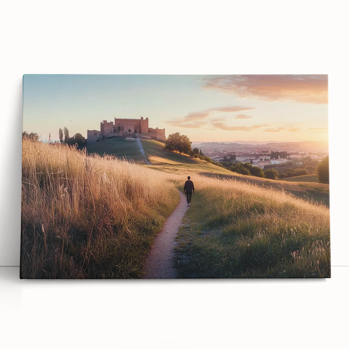 Stretched canvas artwork depicting a serene landscape with an enchanting castle, showcasing lush greenery and vibrant colors, perfect for home decor.