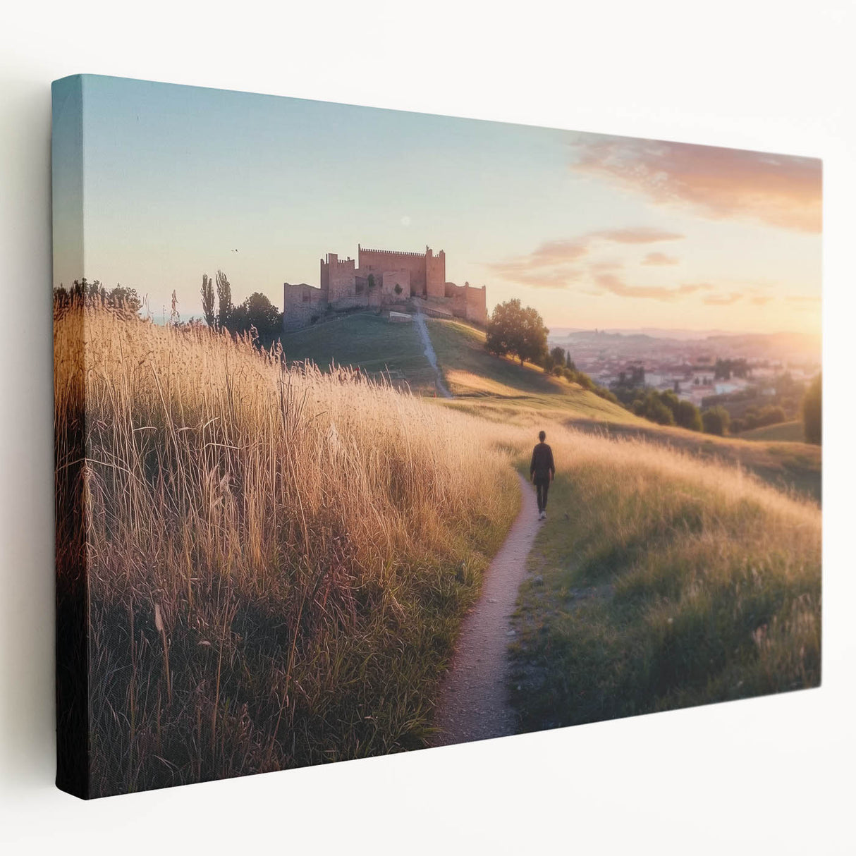 Stretched canvas artwork depicting a picturesque landscape with a majestic castle, showcasing vibrant colors and intricate details, perfect for home decor.