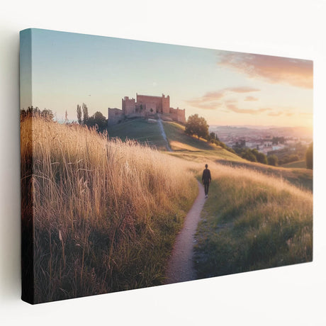 Stretched canvas artwork depicting a picturesque landscape with a majestic castle, showcasing vibrant colors and intricate details, perfect for home decor.