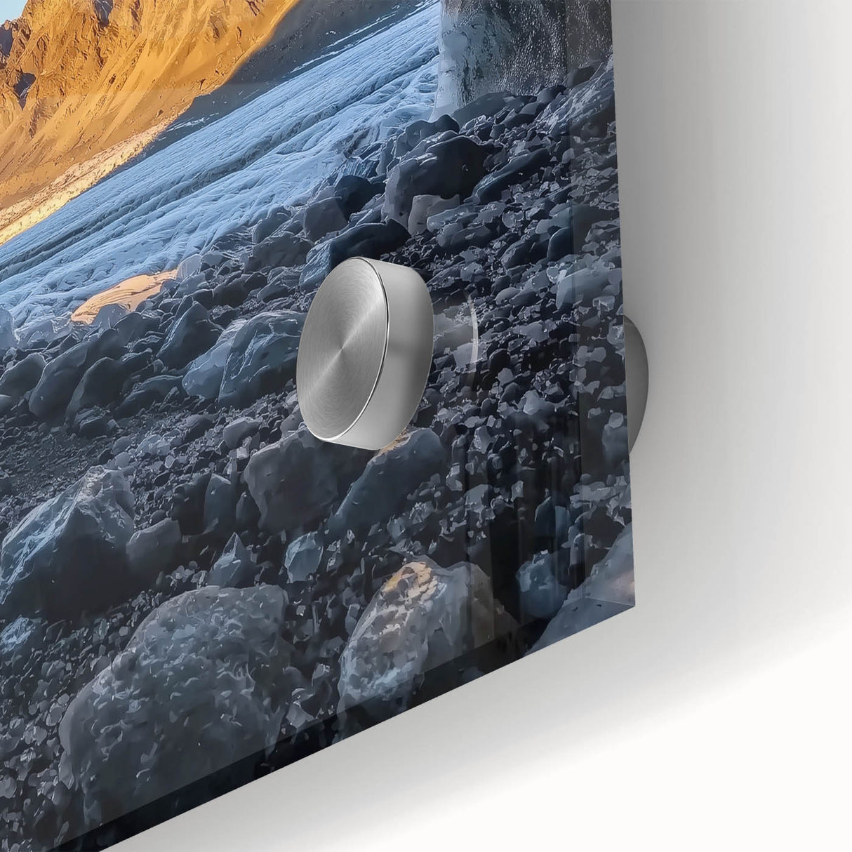 Close-up view of an artistic acrylic glass piece depicting vibrant landscapes and caves, showcasing rich colors and intricate details perfect for modern decor.