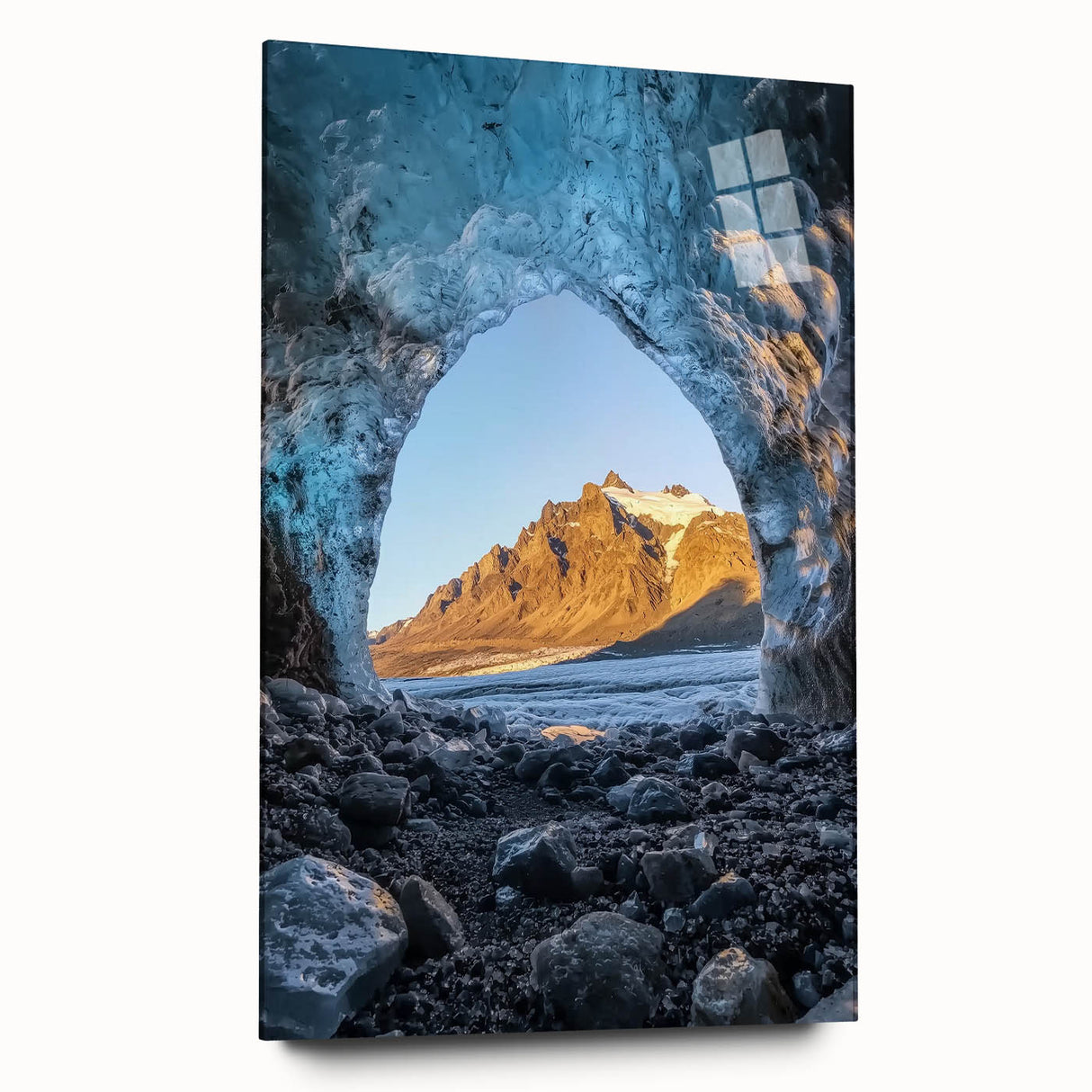 Acrylic glass artwork showcasing a stunning side view of a cave landscape, featuring vibrant colors and intricate details, ideal for modern home decor enthusiasts.