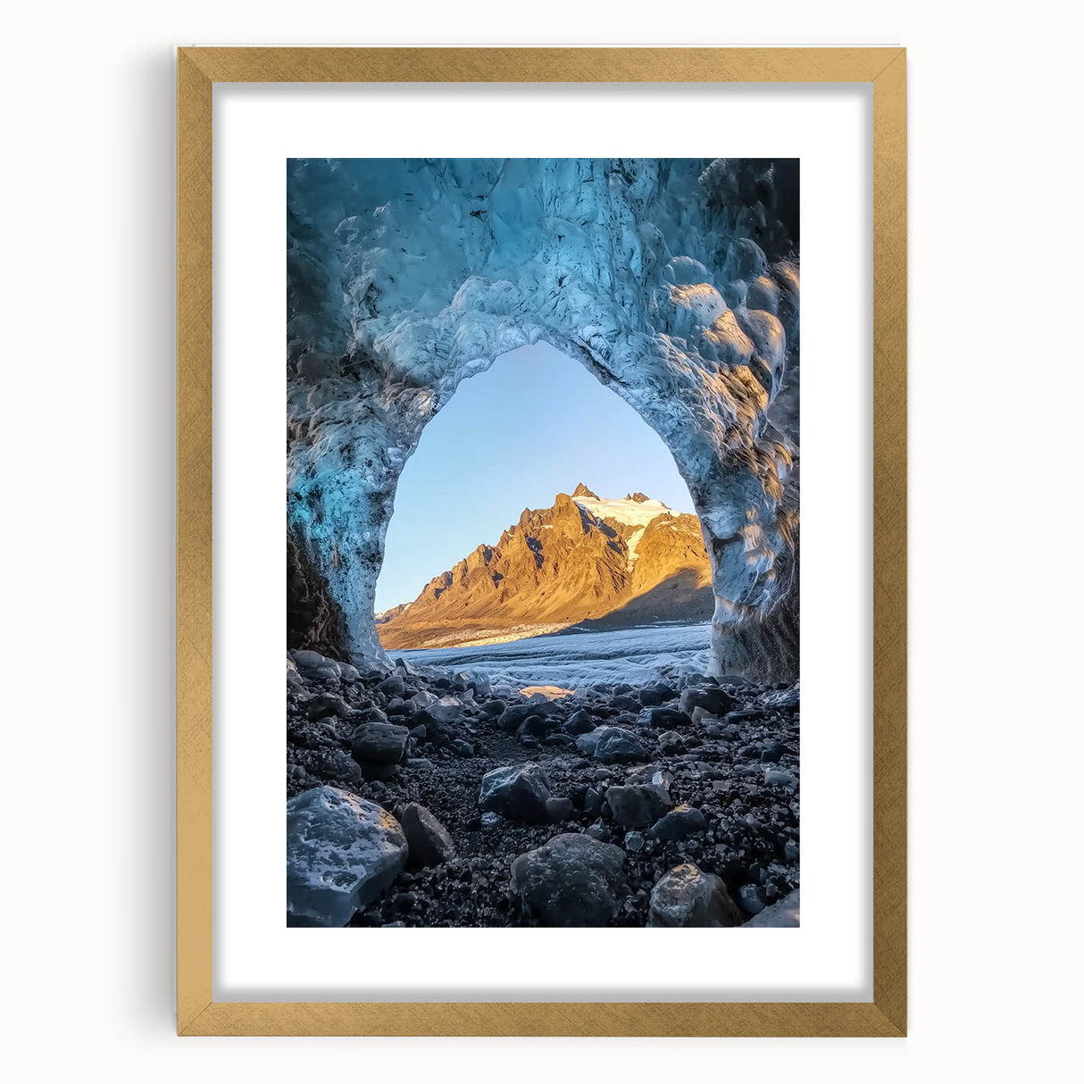 Front view of a gold-framed landscape print featuring intricate cave designs, elegantly matted for a polished look, ideal for home decor enhancement.