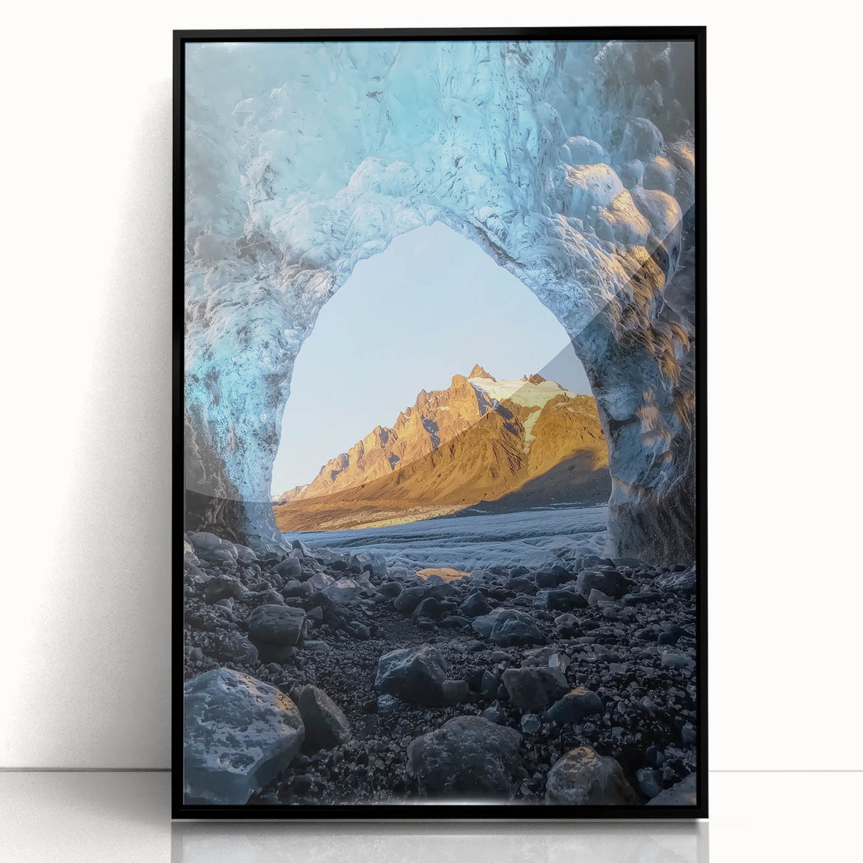Framed acrylic artwork showcasing a stunning cave landscape design, featuring rich colors and intricate details, presented in a sleek black frame for modern decor.