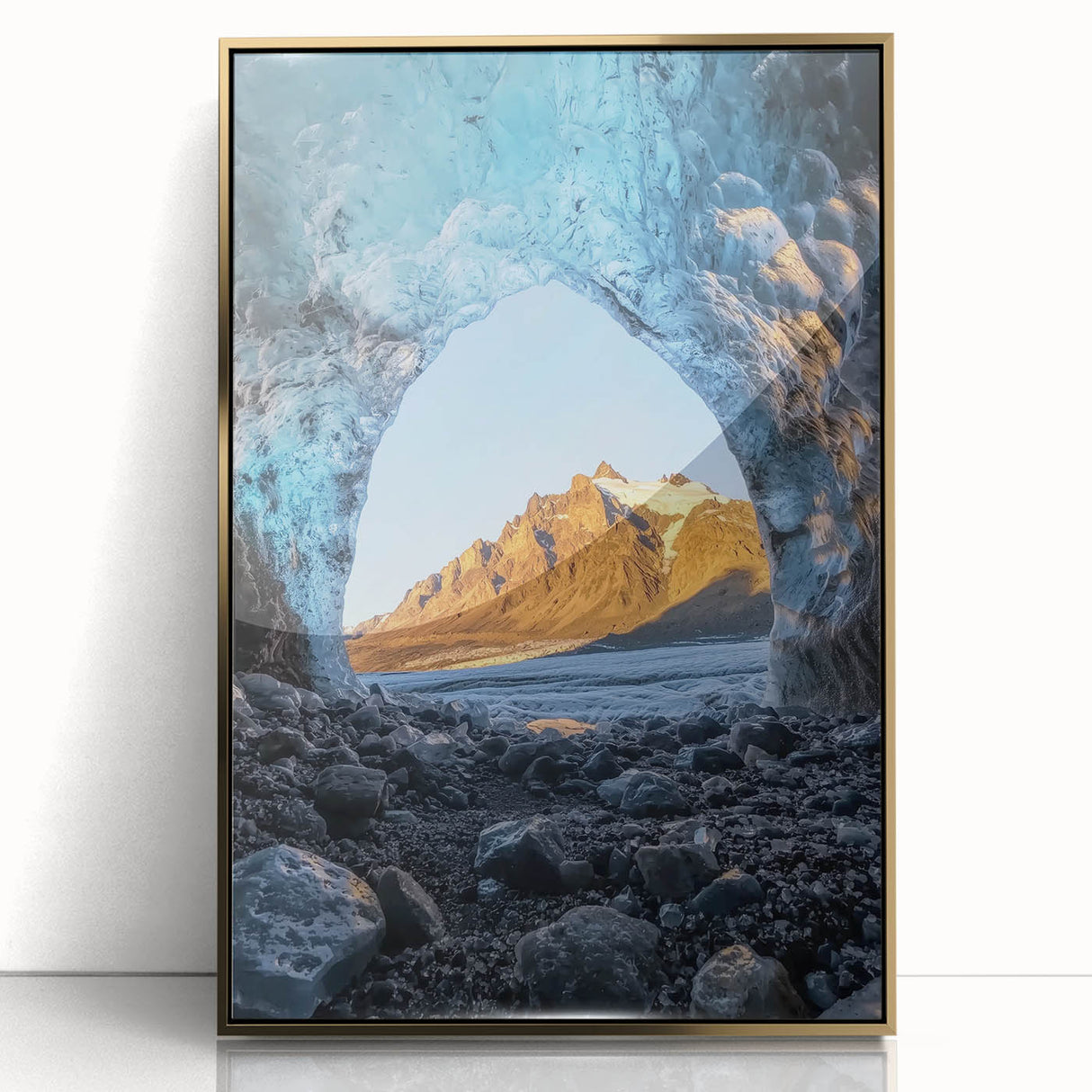Framed acrylic artwork depicting a stunning cave landscape design with gold accents, showcasing intricate details and vibrant colors, perfect for modern decor.
