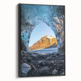 Framed canvas artwork depicting a serene landscape with caves and lush greenery, featuring a black side view for a modern aesthetic, perfect for home decor.