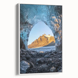 Framed canvas artwork showcasing a stunning landscape with caves, featuring earthy tones and intricate details, displayed in a white frame for a modern touch. Ideal for home decor enthusiasts seeking nature-inspired art pieces.