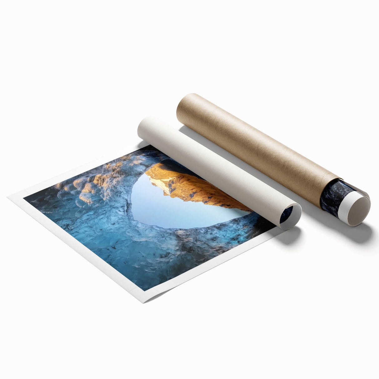 Rolled art print showcasing a stunning cave landscape with intricate details and vibrant colors, packaged securely in a protective tube for delivery. Ideal for home decor enthusiasts seeking nature-inspired artwork.