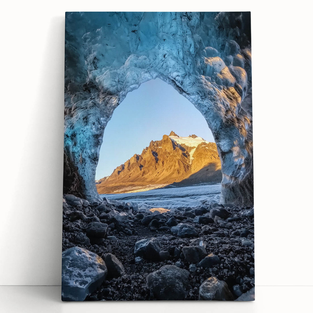 Stretched canvas artwork depicting a serene landscape with caves, rich earth tones, and intricate details, perfect for enhancing home decor or art collections.