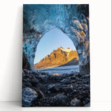 Stretched canvas artwork depicting a serene landscape with caves, rich earth tones, and intricate details, perfect for enhancing home decor or art collections.