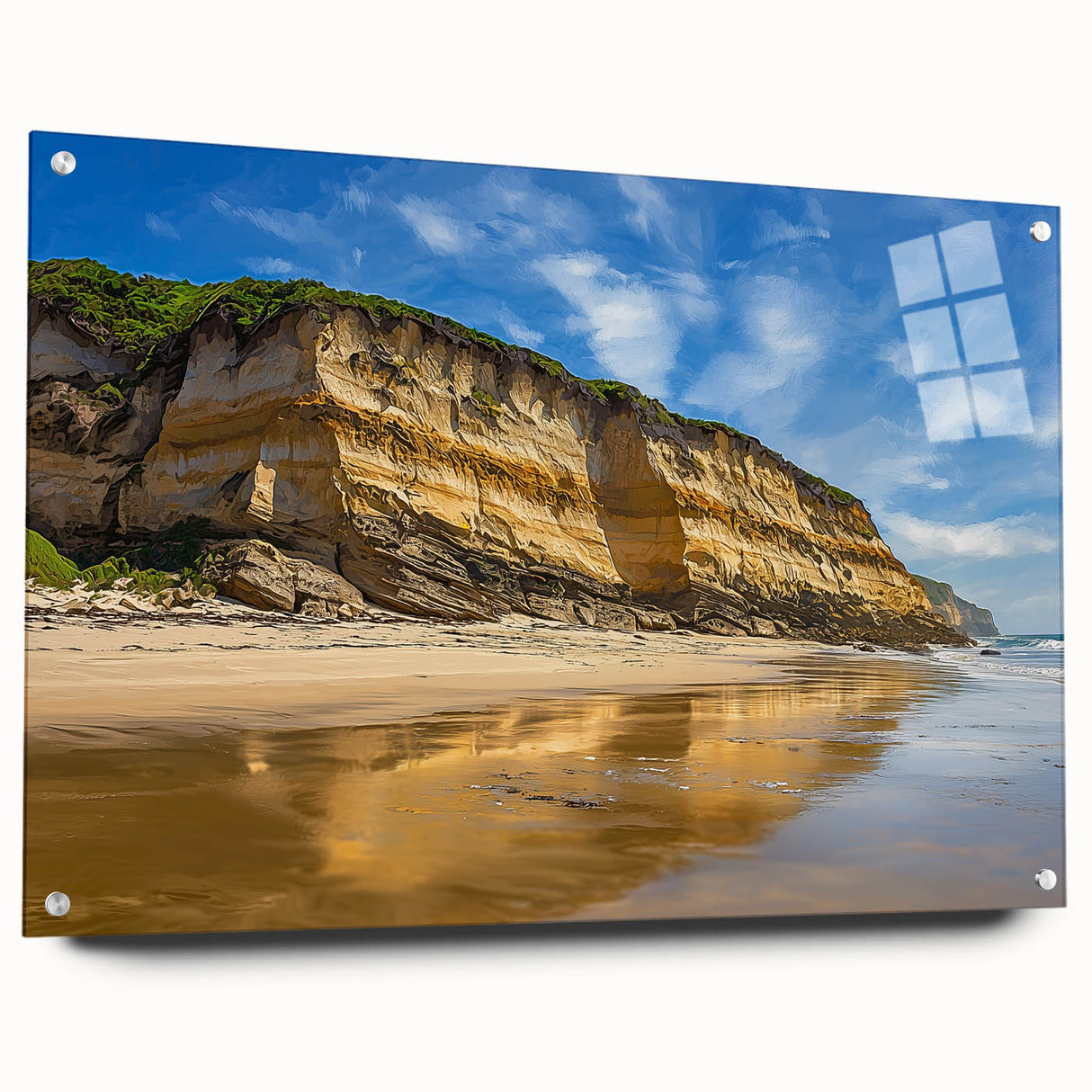 Vibrant acrylic landscape artwork depicting dramatic cliffs viewed from the side, showcasing intricate details and vivid colors, mounted with pins for display.