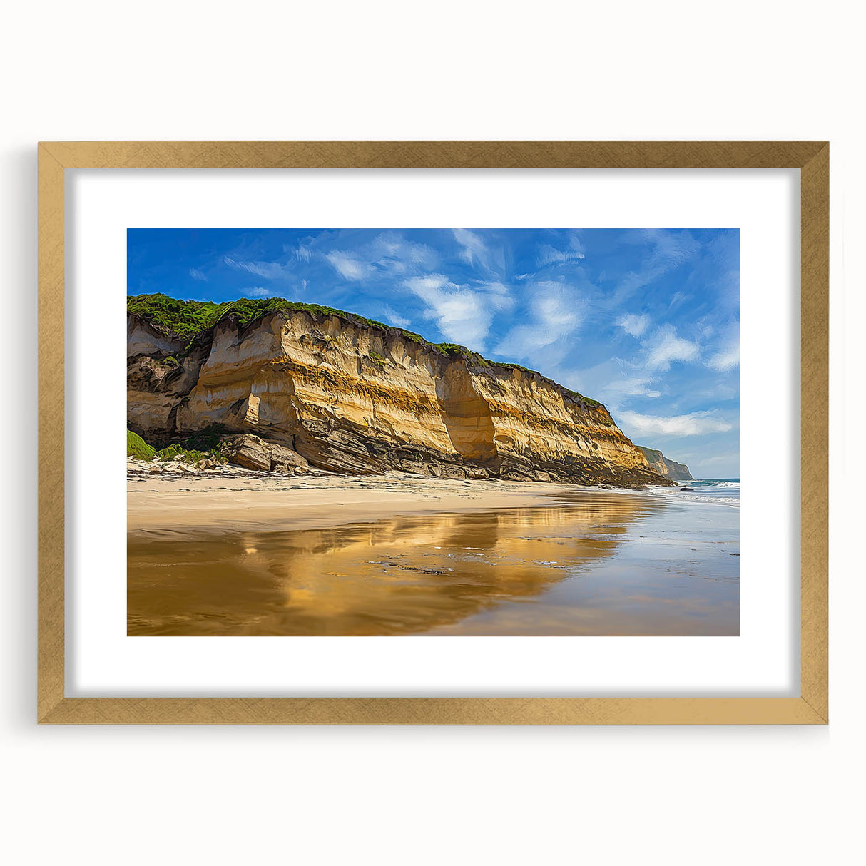 Elegant gold-framed landscape art featuring dramatic cliffs and serene ocean views, designed with a mat for enhanced presentation, perfect for home decor.