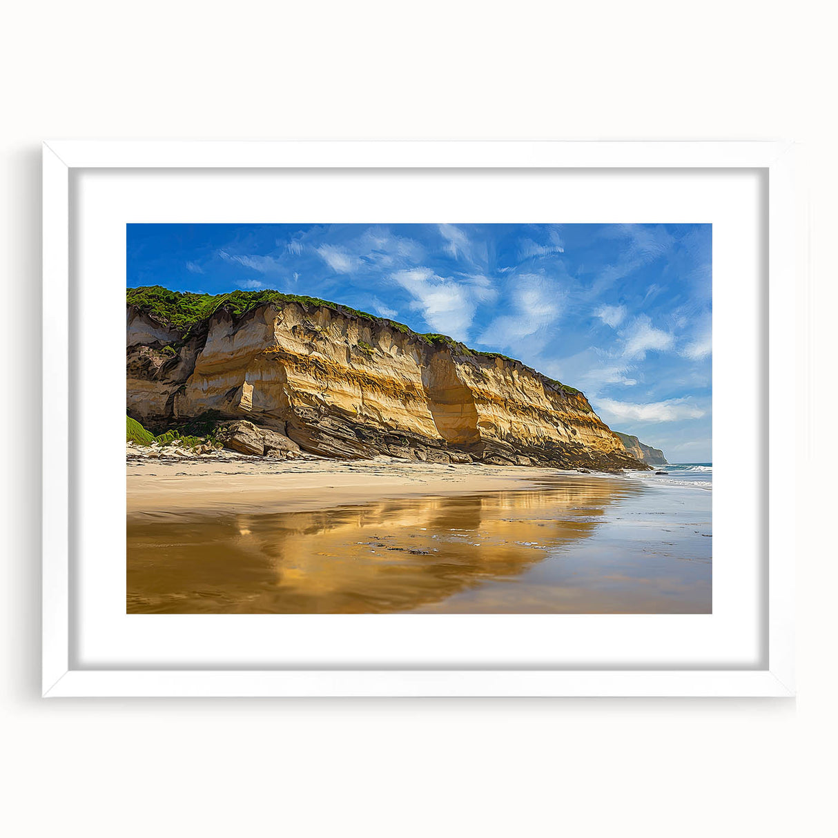 Framed landscape artwork depicting dramatic cliffs with a white mat, showcasing vibrant colors and intricate details, perfect for home decor enhancement.