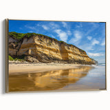 Framed canvas artwork showcasing a stunning landscape of cliffs in rich, earthy tones, with a gold frame that adds elegance. Ideal for modern decor.