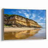 Framed canvas artwork showcasing a dramatic cliff landscape with vivid colors and intricate details, accented by a sleek silver frame, ideal for enhancing modern decor.