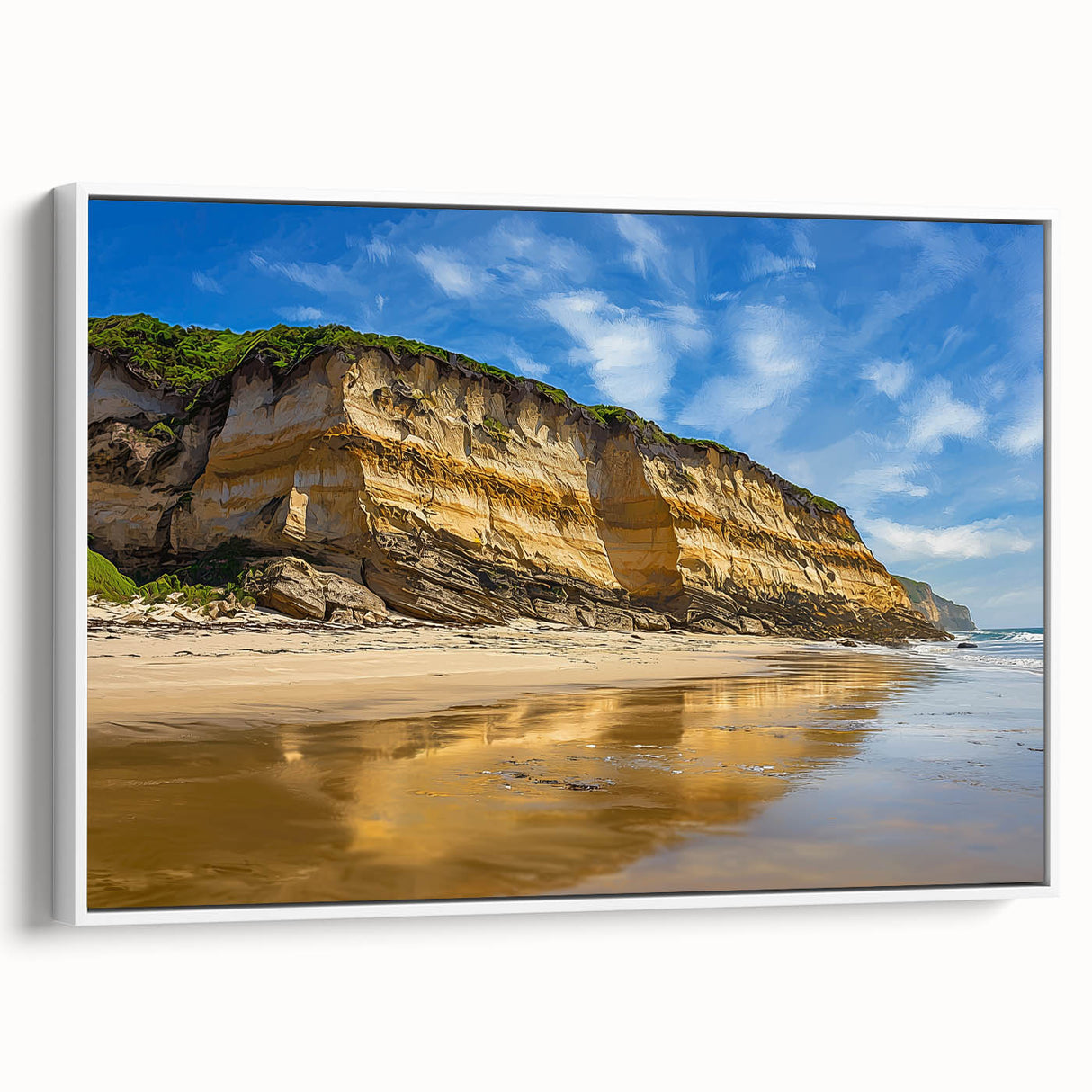 Framed canvas artwork depicting a serene landscape with towering cliffs and lush greenery, showcasing vibrant colors and intricate details, perfect for home decor.
