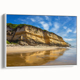 Framed canvas artwork depicting a serene landscape with towering cliffs and lush greenery, showcasing vibrant colors and intricate details, perfect for home decor.