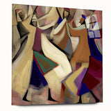 Abstract figurative acrylic artwork displayed in a glass frame, showcasing vibrant colors and unique shapes, perfect for modern interior decor. This side view emphasizes the intricate details and textures of the piece, ideal for art enthusiasts looking to enhance their space.
