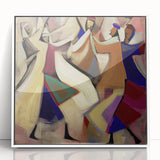 Framed abstract figurative art piece with a white border, showcasing vibrant colors and dynamic shapes, perfect for modern decor and artistic expression in living spaces.
