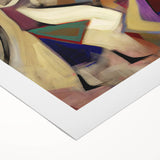 Abstract figurative rolled canvas artwork showcasing vibrant colors and dynamic shapes, ideal for contemporary home decor, packaged securely for delivery.