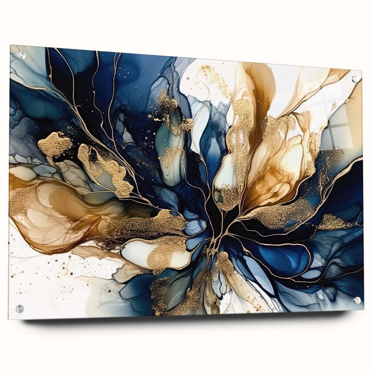 Abstract floral wall art displayed in a modern acrylic frame, showcasing vibrant colors and intricate patterns, highlighting its elegant side view with pins for hanging.