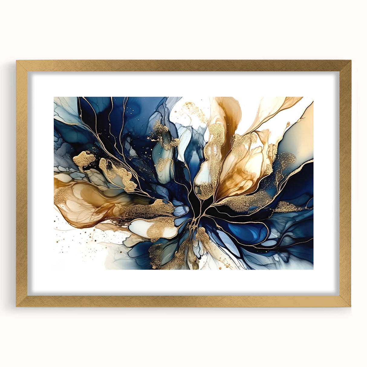 Abstract floral wall art framed in gold, showcasing vibrant colors and intricate designs. The mat adds elegance, perfect for enhancing modern decor in any space.