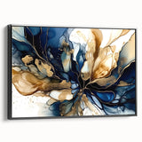 Framed wall art featuring an abstract floral design in vibrant colors, showcasing a black frame and side view, perfect for modern home decor. Ideal for enhancing living spaces with artistic flair.