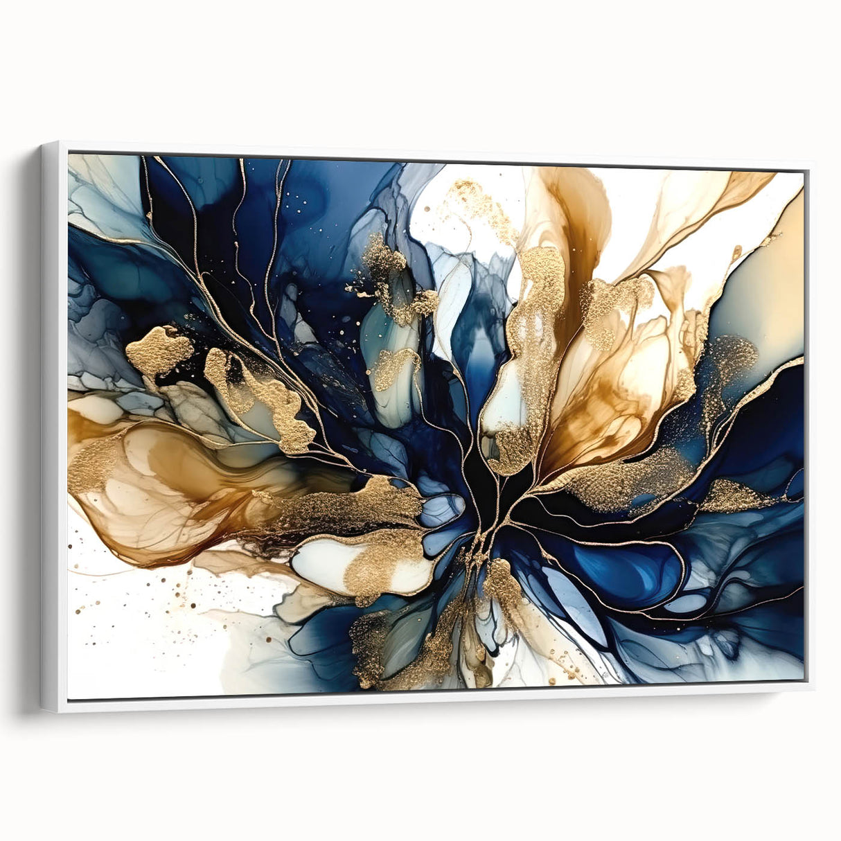 Framed canvas wall art showcasing abstract floral designs in vibrant colors, displayed from a white side view. Perfect for modern home decor.